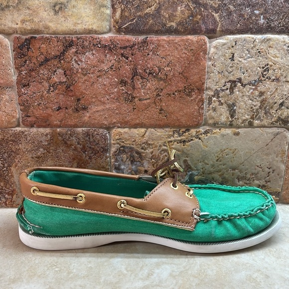 Milly for Sperry Top-Sider Green Canvas & Tan Leather Boat Shoes Sz 9 Slip-On - Picture 12 of 15
